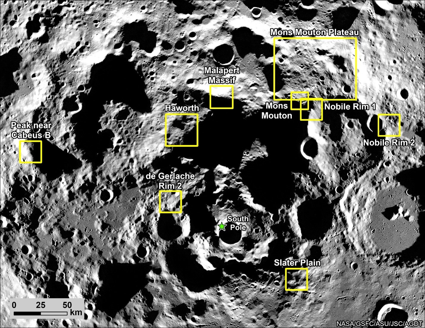 Artemis III candidate landing regions near the lunar South Pole showing nine potential sites for NASA's first crewed Moon landing in over 50 years